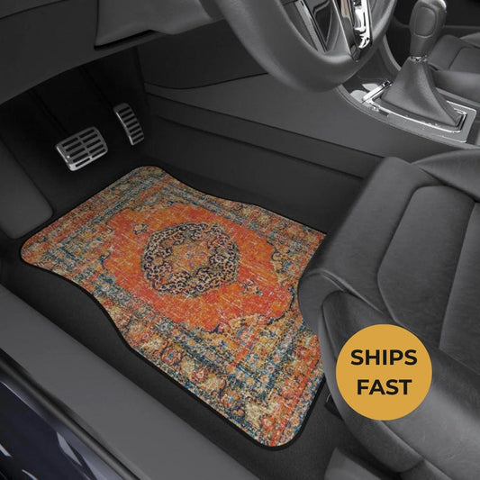 Orange Oriental Rug Car Floor Mats, Personalized Interior Decor, Custom Design, Set of 4