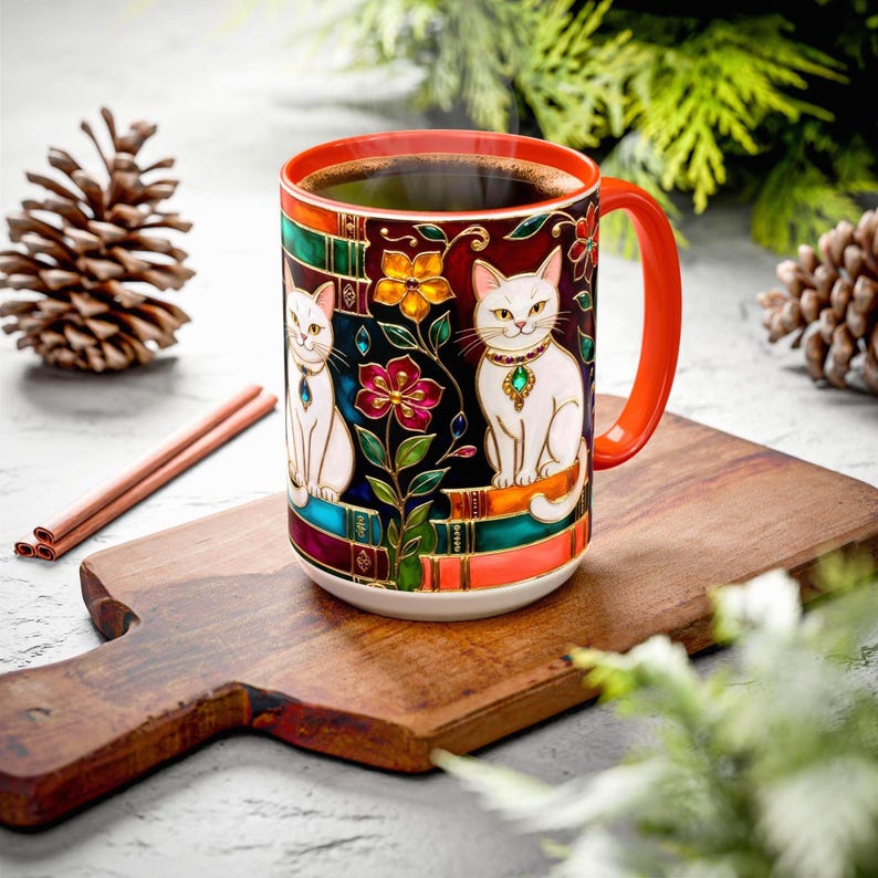 Stained Glass Style Cat Mug, Book Lover Ceramic Coffee Cup Bookish 15oz