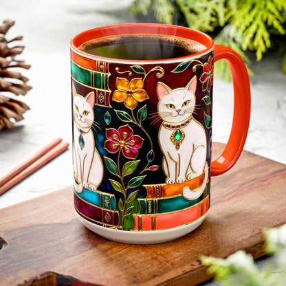 Stained Glass Style Cat Mug, Book Lover Ceramic Coffee Cup Bookish 15oz