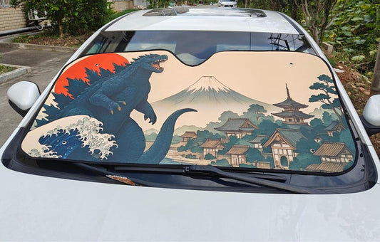 Godzilla Vintage Windshield Sunshade, Japanese monster Auto Sun Shade, Cool Sunshade for Windshield, Mount Fuji & Godzilla Car Accessory