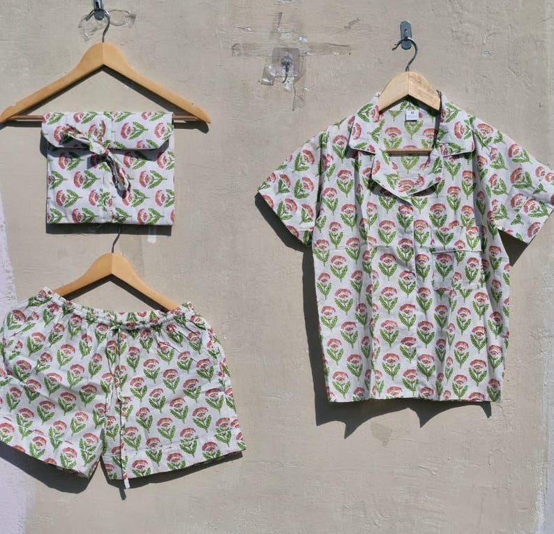 Handmade Cotton Pajama Set: Floral Print Women's Sleepwear