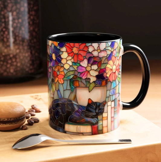 Black Cat Stained Glass Style Mug Floral Bookshelf Coffee Cup  Book Lovers Bookish Gift