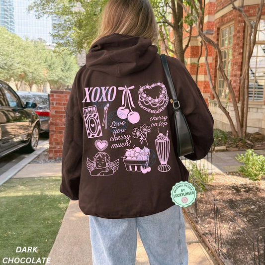 Womens Valentines Day Hoodie, Vintage Coquette Valentine Sweatshirt, Cherry Cake Shirt, Xoxo Heart Shirt, Valentine Gift, Back Design Hoodie