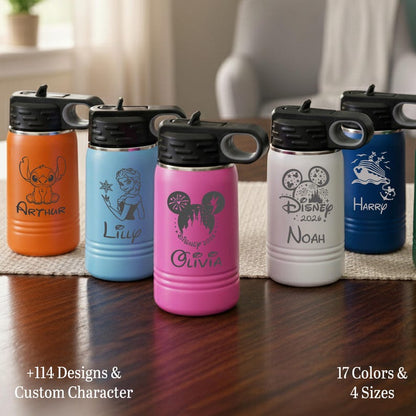 Custom Disney Toddler Water Bottle, Personalized Kids Tumbler with Name, First Family Disney Trip Laser Engraved Cup, Customized Sippy Cup