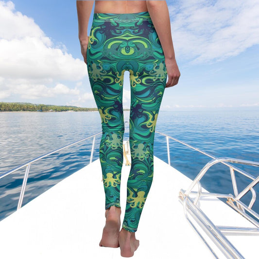 Octopus Leggings Womens Coastal Fashion, Ocean Pattern Ankle Length Leggings, Mid Rise Lightweight Everyday Wear, Yacht or boating pants