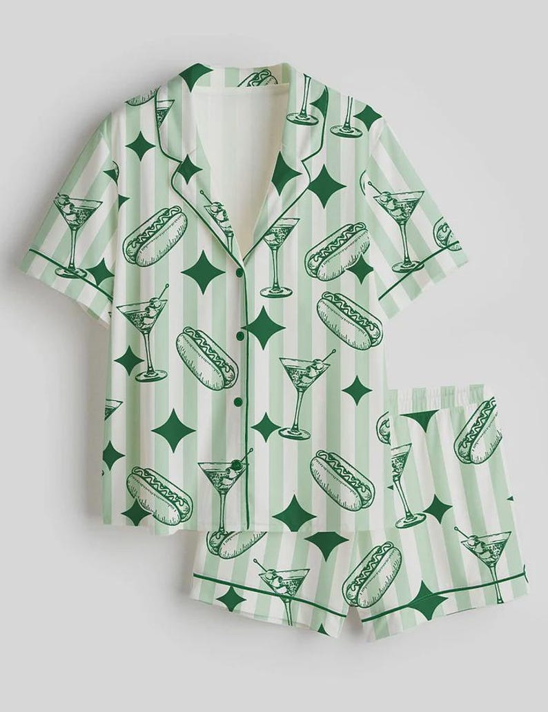 Women’s Satin Pajama Set, Dirty Martini Print Short Sleeve Pajamas, Funny Cocktail Sleepwear, Party Night PJ Set, Gift for Her