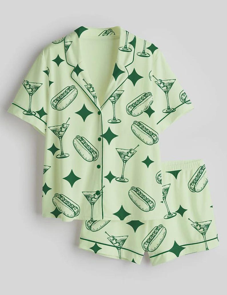 Women’s Satin Pajama Set, Dirty Martini Print Short Sleeve Pajamas, Funny Cocktail Sleepwear, Party Night PJ Set, Gift for Her