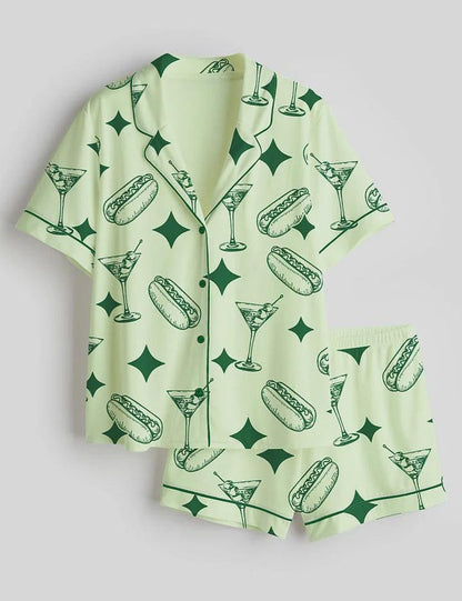 Women’s Satin Pajama Set, Dirty Martini Print Short Sleeve Pajamas, Funny Cocktail Sleepwear, Party Night PJ Set, Gift for Her