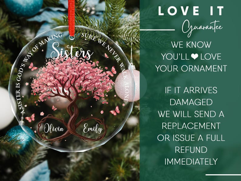 Personalized Sisters Glass Ornament, God’s Way Friendship Gift, Sister Ornament Gift with Custom Names, Tree of Life Ornament Decor