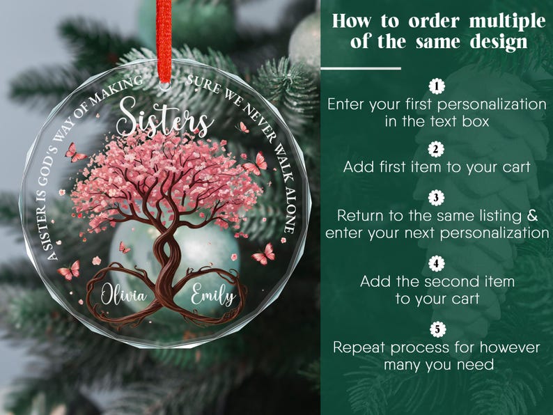 Personalized Sisters Glass Ornament, God’s Way Friendship Gift, Sister Ornament Gift with Custom Names, Tree of Life Ornament Decor