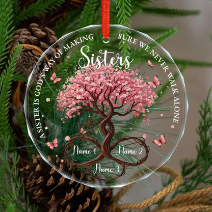 Personalized Sisters Glass Ornament, God’s Way Friendship Gift, Sister Ornament Gift with Custom Names, Tree of Life Ornament Decor