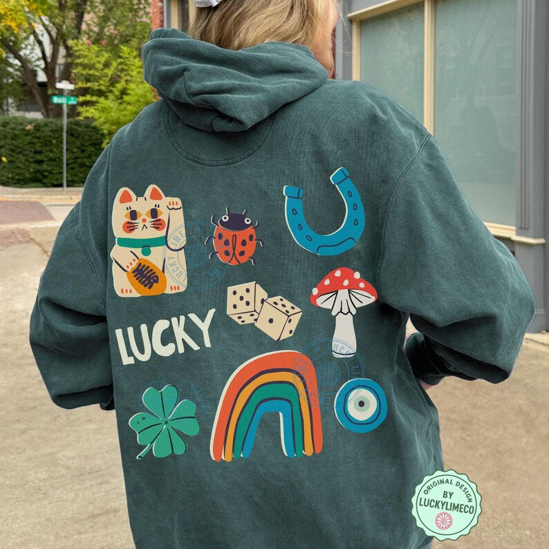 Comfort Colors® Lucky Hoodie, Luck Sweatshirt, Back Design Hoodie, Lucky Girl Hoodie, Aesthetic Shirt, Lucky Things Hoodie, St Patricks Day