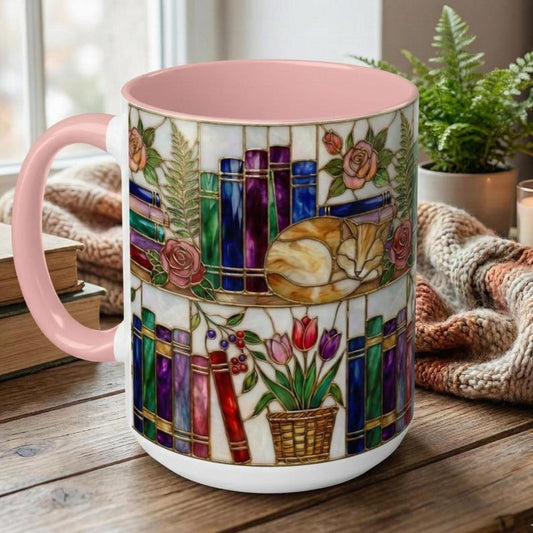 Cat and Books Mug, Book Lover Gift, Stained Glass Cat Mug, Bookish Coffee Cup, Librarian Gift, Reading Mug, Cat Mom Gift 11oz 15oz