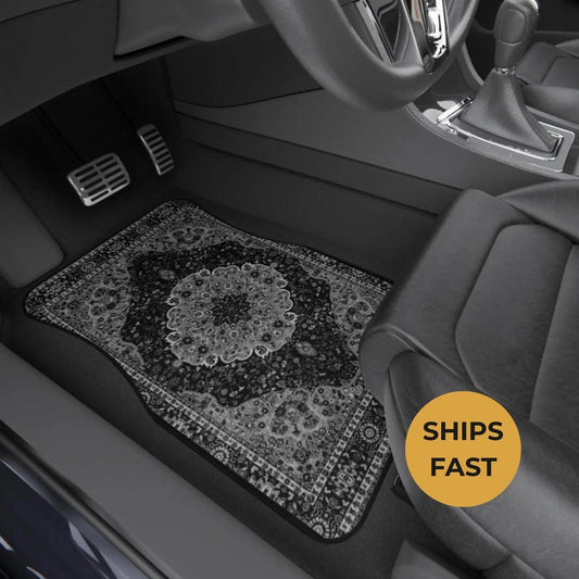Black Oriental Rug Car Floor Mats, Personalized Interior Decor, Custom Design, Set of 4