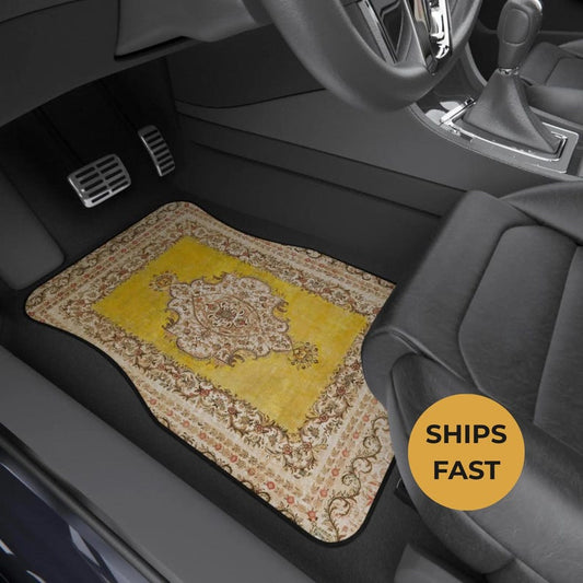 Gold Oriental Rug Car Floor Mats, Personalized Interior Decor, Custom Design, Set of 4