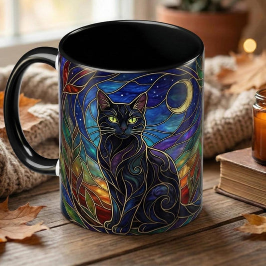 Black Cat Stained Glass Mug, Celestial Moon Coffee Cup, Witchy Aesthetic Gift, Magical Animal Art, 11oz 15oz Ceramic Tea Cup for Cat Mom