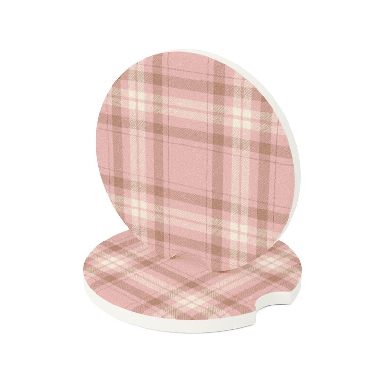 Universal Fit Brown & Pink Plaid Car Coasters, 1 or 2 Count Car Accessories