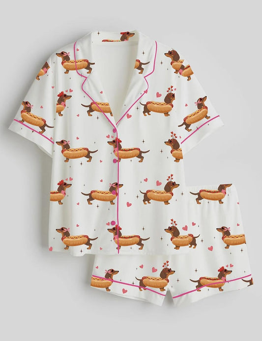 Women’s Cute Dachshund Valentine’s Day Pajama Set, Satin Short Sleeve PJs, You Are One Hot Dog, Funny Dog Sleepwear Gift