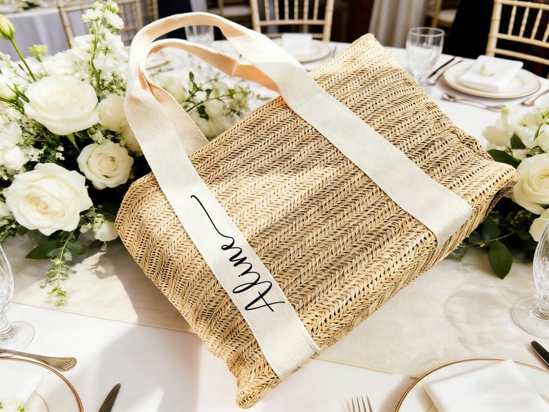 Personalized Straw Beach Bag for Bridesmaids, Custom Wedding Tote Gift