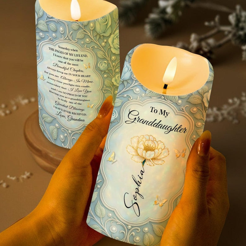 Personalized To My Granddaughter LED Candle, Always In My Heart Decor, Beautiful Chapters Gift From Grandma With Name And Birth Flower