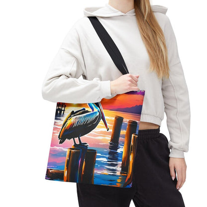 Pelican Sunset Tote Bag,  Coastal Beach Tote, Ocean Bird Art Bag, Nautical Carryall, Beach Lover Gift, Lucky Levi