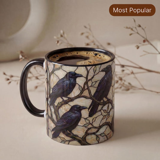 Gothic Raven Stained Ceramic Mug, Witchy Halloween Gothic Coffee Cup, Bird Lover Gift, Halloween Mug Raven Gifts Halloween Spirit
