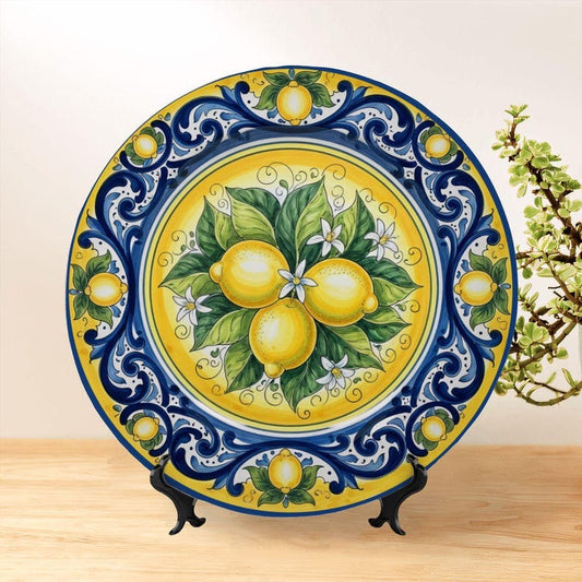 Mediterranean Lemon Motif Decorative Wall Plate, Italian Inspired Ceramic Art for Home Kitchen Decor