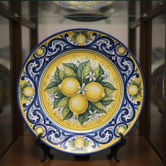 Mediterranean Lemon Motif Decorative Wall Plate, Italian Inspired Ceramic Art for Home Kitchen Decor