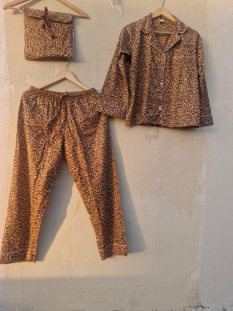 Leopard Print Cotton Pajama Set for Women, Button Down PJ Set, Soft Nightwear Loungewear, Animal Print Sleepwear Gift
