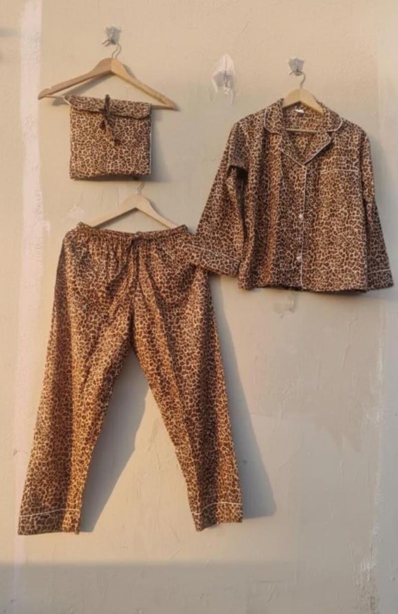 Leopard Print Cotton Pajama Set for Women, Button Down PJ Set, Soft Nightwear Loungewear, Animal Print Sleepwear Gift