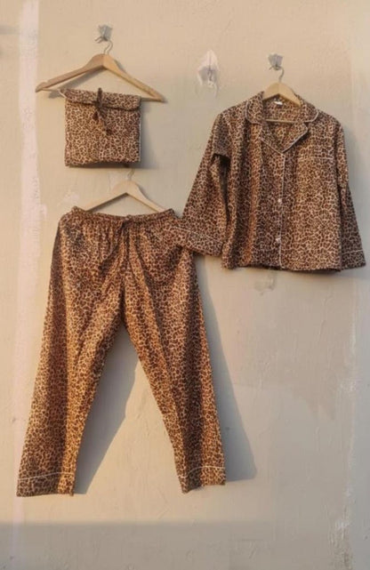 Leopard Print Cotton Pajama Set for Women, Button Down PJ Set, Soft Nightwear Loungewear, Animal Print Sleepwear Gift