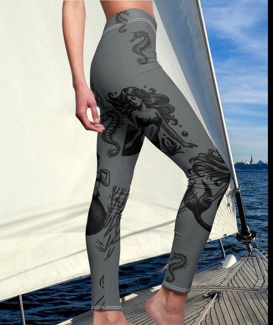 Mid-Rise Mermaid Leggings, Coastal Ocean Art Leggings, Sea Life Yoga Pants, Nautical Activewear