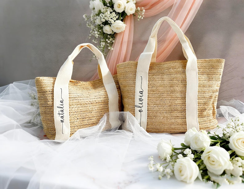 Personalized Straw Beach Bag for Bridesmaids, Custom Wedding Tote Gift