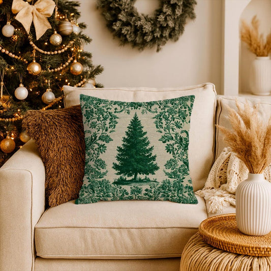 Christmas Green Toile Fir Tree Pillow Cover with Embroidered Effect, Decorative Winter Forest Throw Cushion Case, Pillowcase Cabin Chic Gift