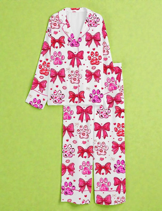 Women’s Dog Mom Valentine Satin Pajama Set, Cute Dog Print Long Sleeve Sleepwear, Valentine Nightwear