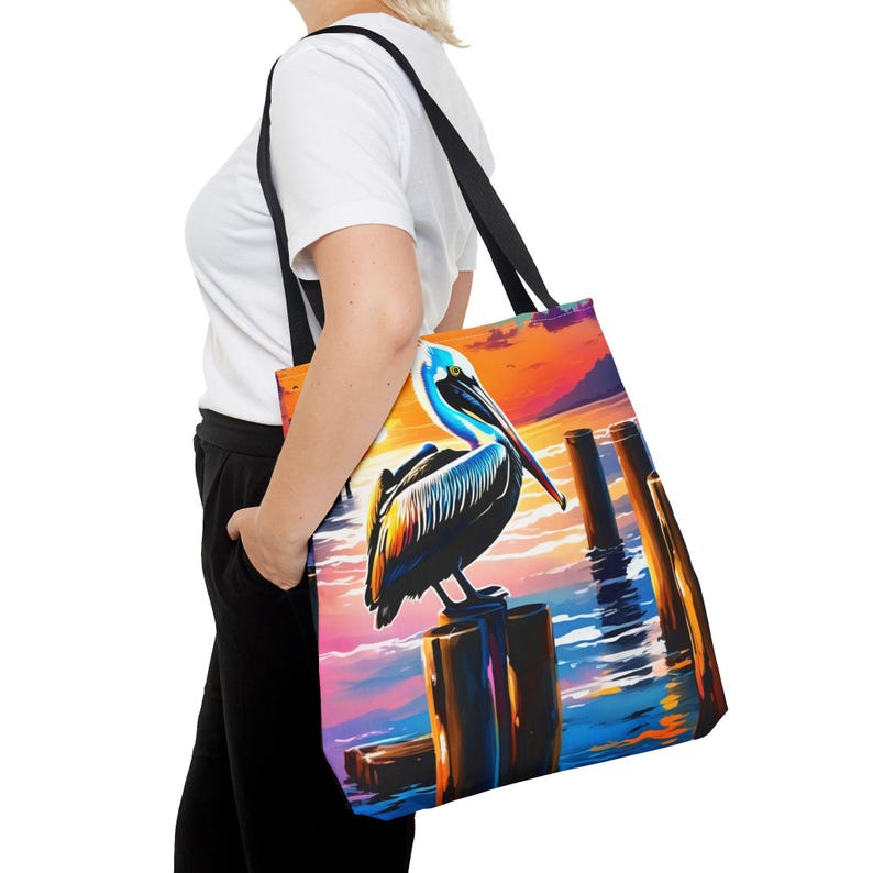 Pelican Sunset Tote Bag,  Coastal Beach Tote, Ocean Bird Art Bag, Nautical Carryall, Beach Lover Gift, Lucky Levi