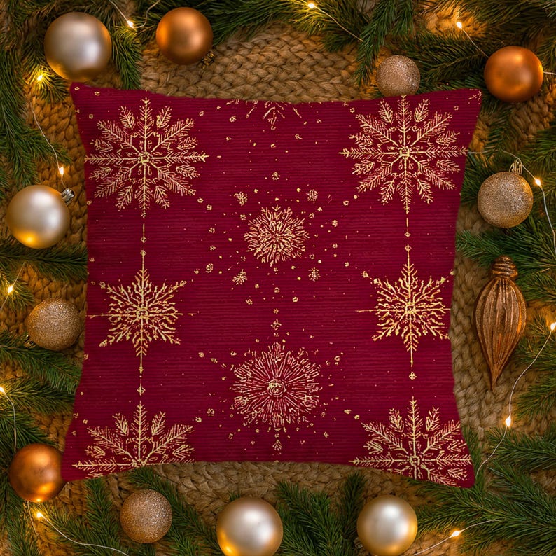 Christmas Gold Snowflakes Pattern Pillow Cover, Festive Winter Cabin Chic, Decorative Cushion Case, Holiday Home Luxe Decor Pillowcase Gift