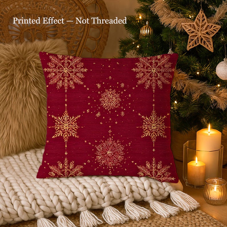 Christmas Gold Snowflakes Pattern Pillow Cover, Festive Winter Cabin Chic, Decorative Cushion Case, Holiday Home Luxe Decor Pillowcase Gift