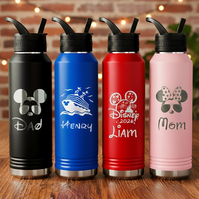Personalized Disney Water Bottle, Mickey Minnie Disney Castle Cruise Engraved Stainless Steel Tumbler, Disney 2026 Family Cups