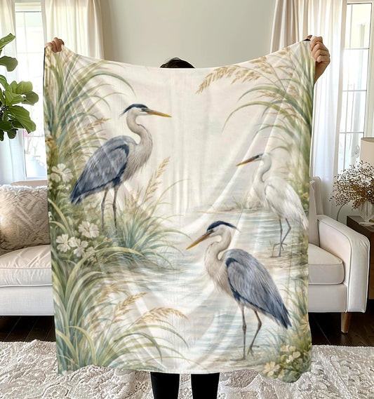 Coastal Heron Blanket, Serene Bird Throw Blanket, Beach House Coastal Decor, Soft Nature Inspired Home Blanket