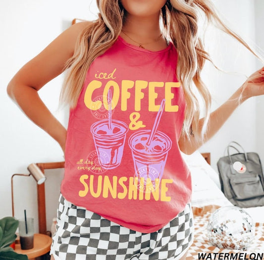 Iced Coffee and Sunshine Tank Top, Retro Summer Shirt, Coffee Lover Gift, Trendy Vacation Tank Top, Comfort Colors® Tank Top