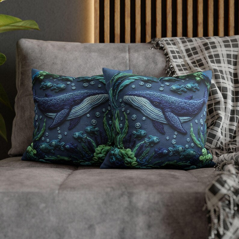 Whale Pillow Cover, Square Ocean Print, Coastal Home Decor, Nautical Sea Life Cushion, Beach house
