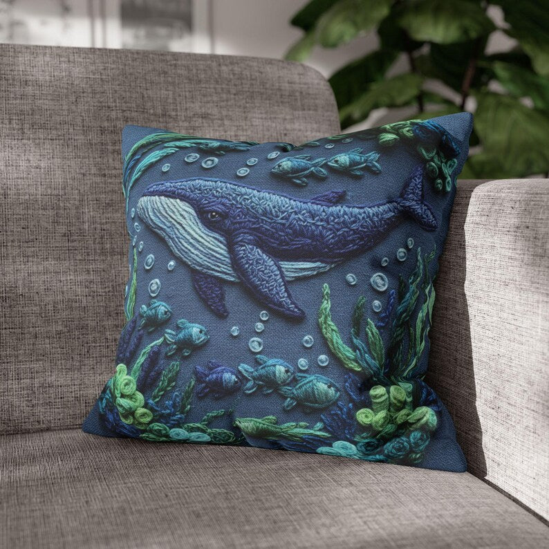 Whale Pillow Cover, Square Ocean Print, Coastal Home Decor, Nautical Sea Life Cushion, Beach house