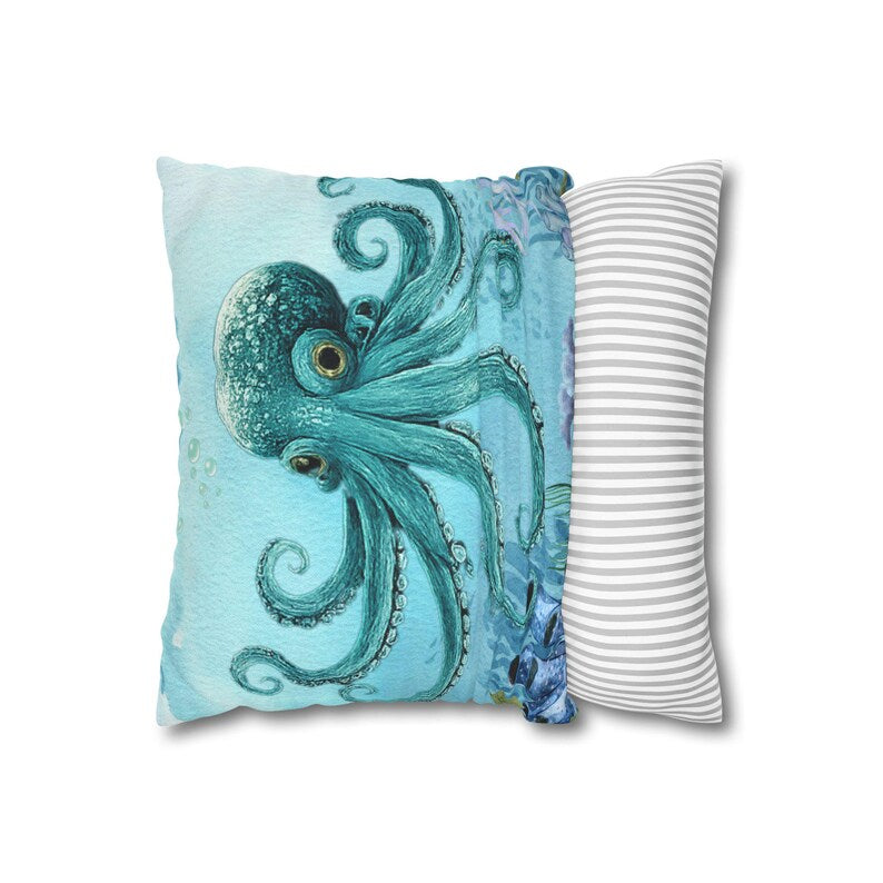 Octopus Pillow Cover, Square Ocean Print, Coastal Nautical Decor, Sea Life Throw Pillow Cover, Beach House decor