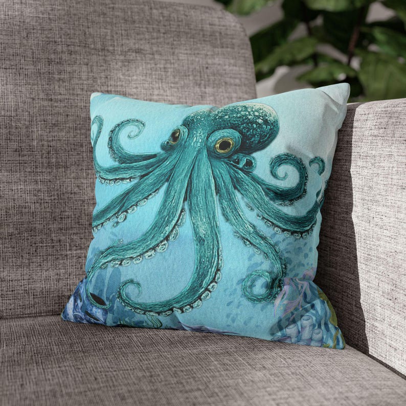 Octopus Pillow Cover, Square Ocean Print, Coastal Nautical Decor, Sea Life Throw Pillow Cover, Beach House decor