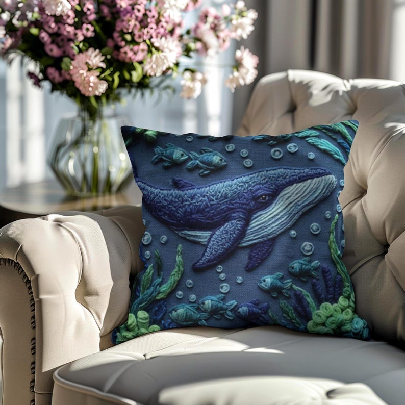 Whale Pillow Cover, Square Ocean Print, Coastal Home Decor, Nautical Sea Life Cushion, Beach house