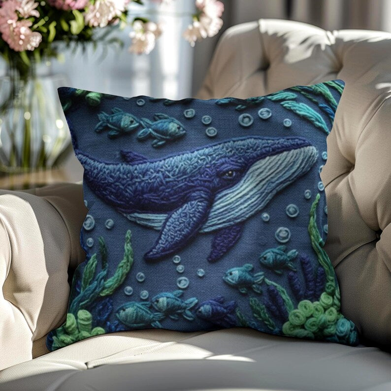 Whale Pillow Cover, Square Ocean Print, Coastal Home Decor, Nautical Sea Life Cushion, Beach house