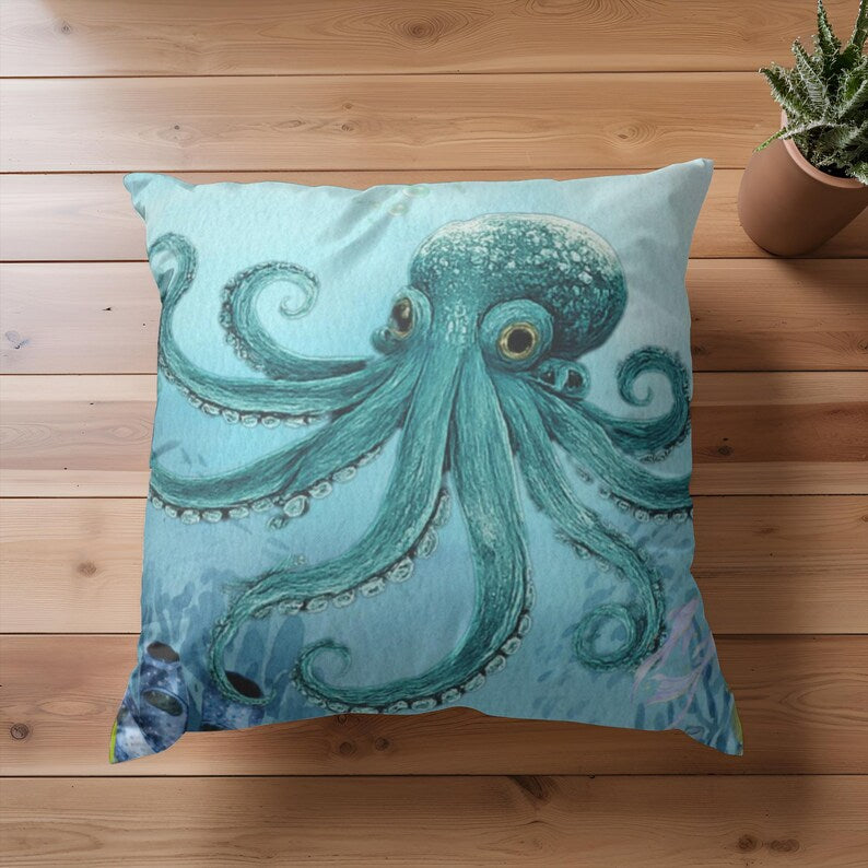 Octopus Pillow Cover, Square Ocean Print, Coastal Nautical Decor, Sea Life Throw Pillow Cover, Beach House decor