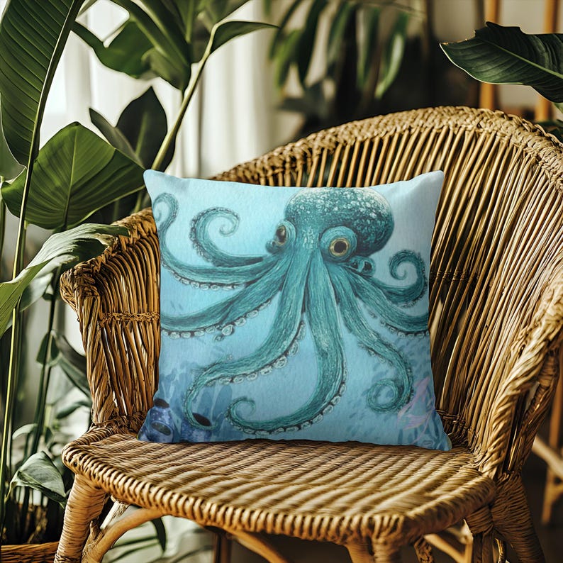 Octopus Pillow Cover, Square Ocean Print, Coastal Nautical Decor, Sea Life Throw Pillow Cover, Beach House decor
