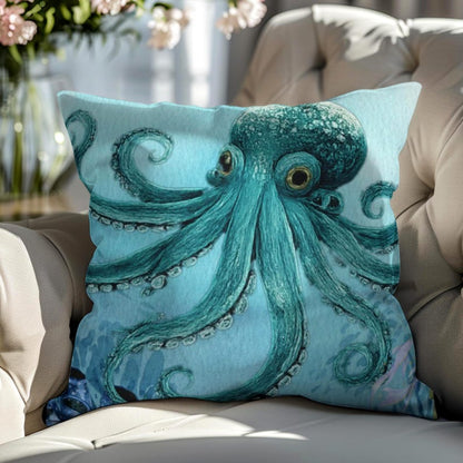 Octopus Pillow Cover, Square Ocean Print, Coastal Nautical Decor, Sea Life Throw Pillow Cover, Beach House decor